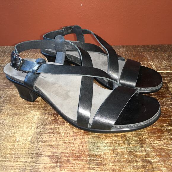 SAS San Antonio Shoes Nouveau Leather Cross Strap Heel Sandal  Black Womens 8 M - Picture 10 of 10